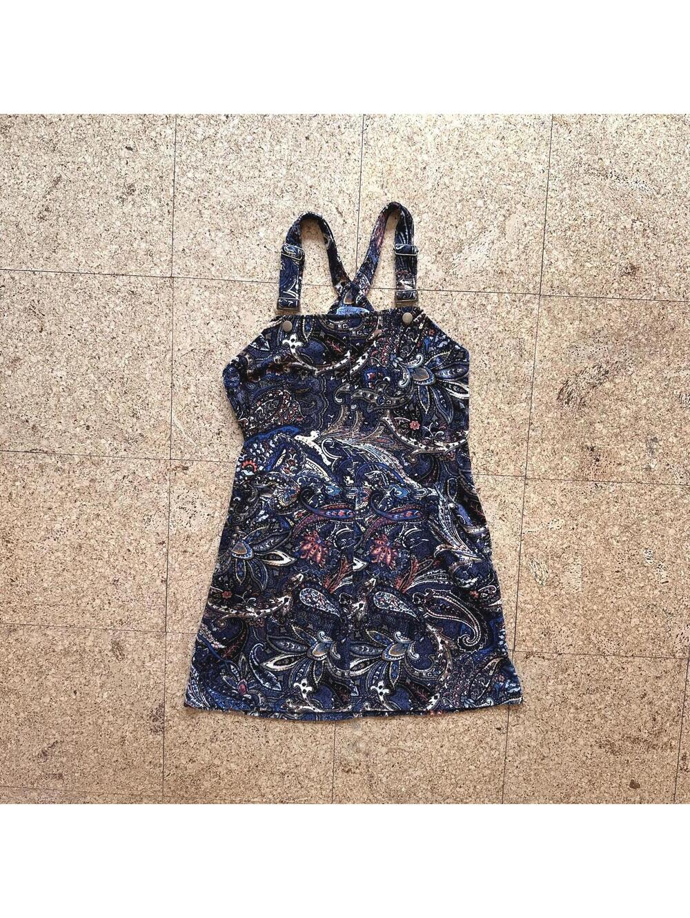 FISHBOWL Overall Mini Dress Dark Paisley Women's L Y2K Corduroy Boho Grunge